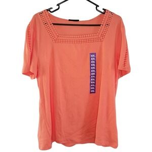 Rafaella Square Neck Top Crochet‎ Trim Short Sleeve Blouse XXL